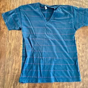 American Apparel Blue V-Neck Tee with Red Stripes